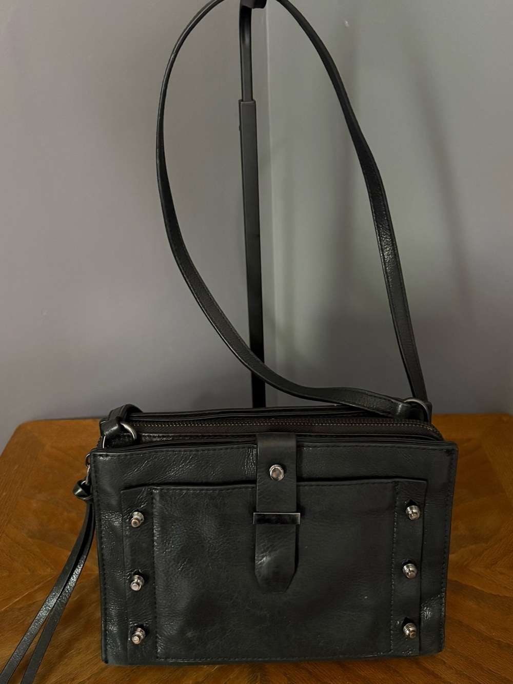 Botkier Warren City Black Pebbled Leather Crossbody Bag Studded Multi-Pocket